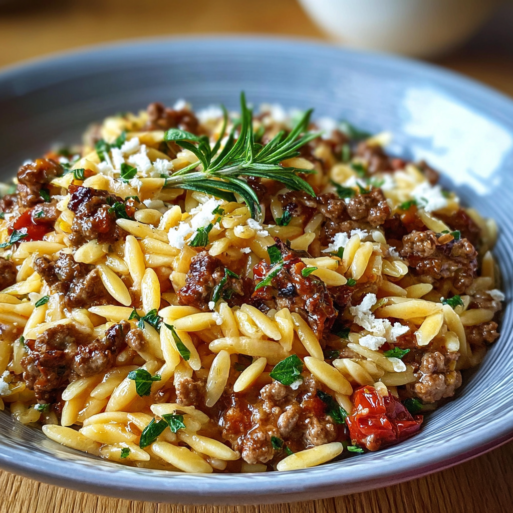 Close up of orzo and minced meat with Parmesan