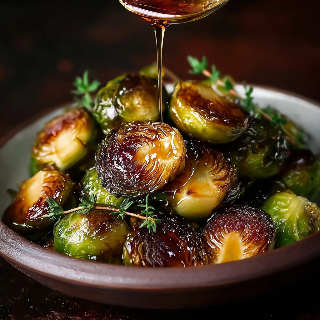 Roasted Brussels with honey-balsamic glaze on a serving plate