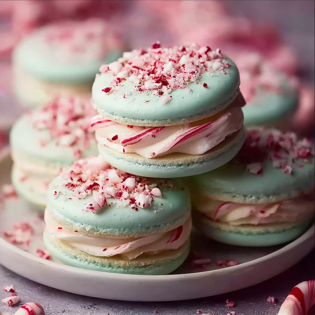 Piped peppermint macarons on a baking sheet