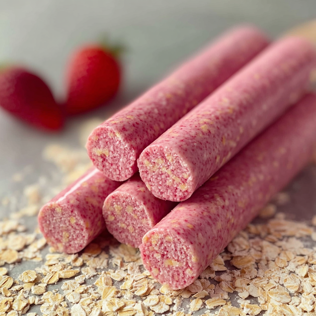 Frozen strawberry oatmeal sticks arranged on parchment