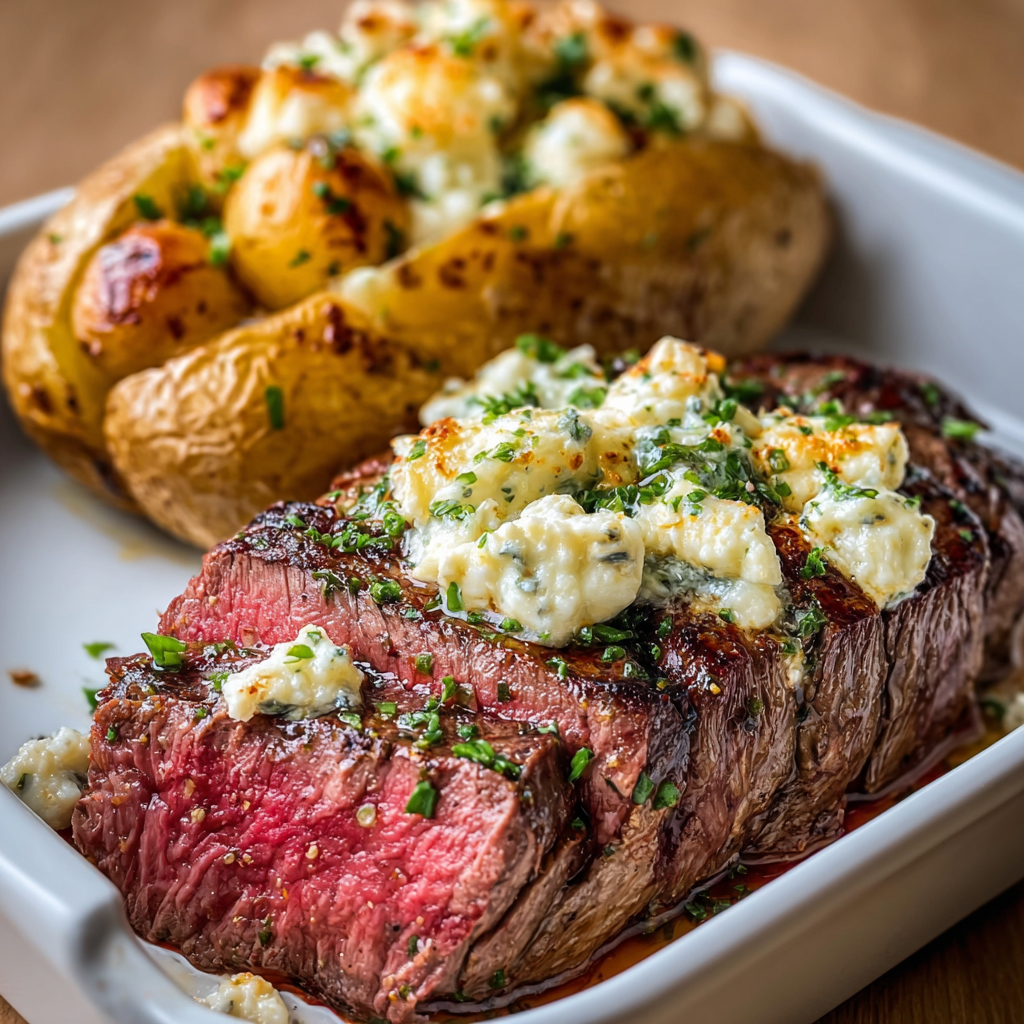 Garlic butter steak layered with potatoes and cheddar