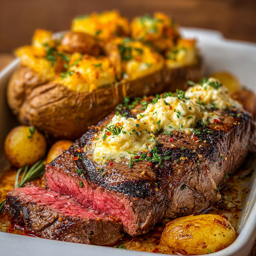 Cheddar melted over layered steak and potatoes