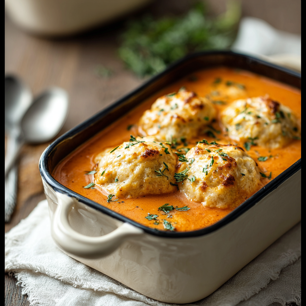 Tomato soup with cheddar bay dumplings in a bowl