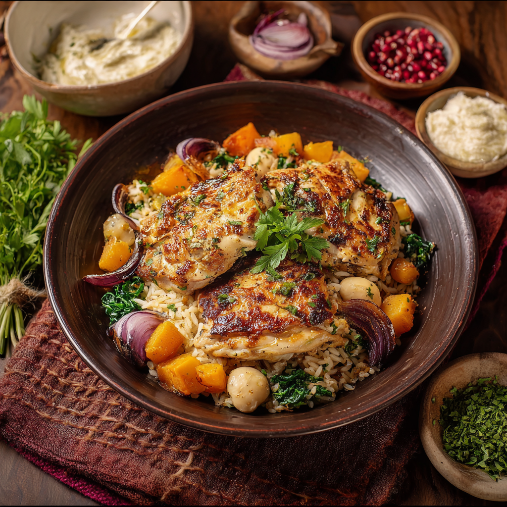 Orzu Bursan with Chicken in skillet, creamy center with tomatoes