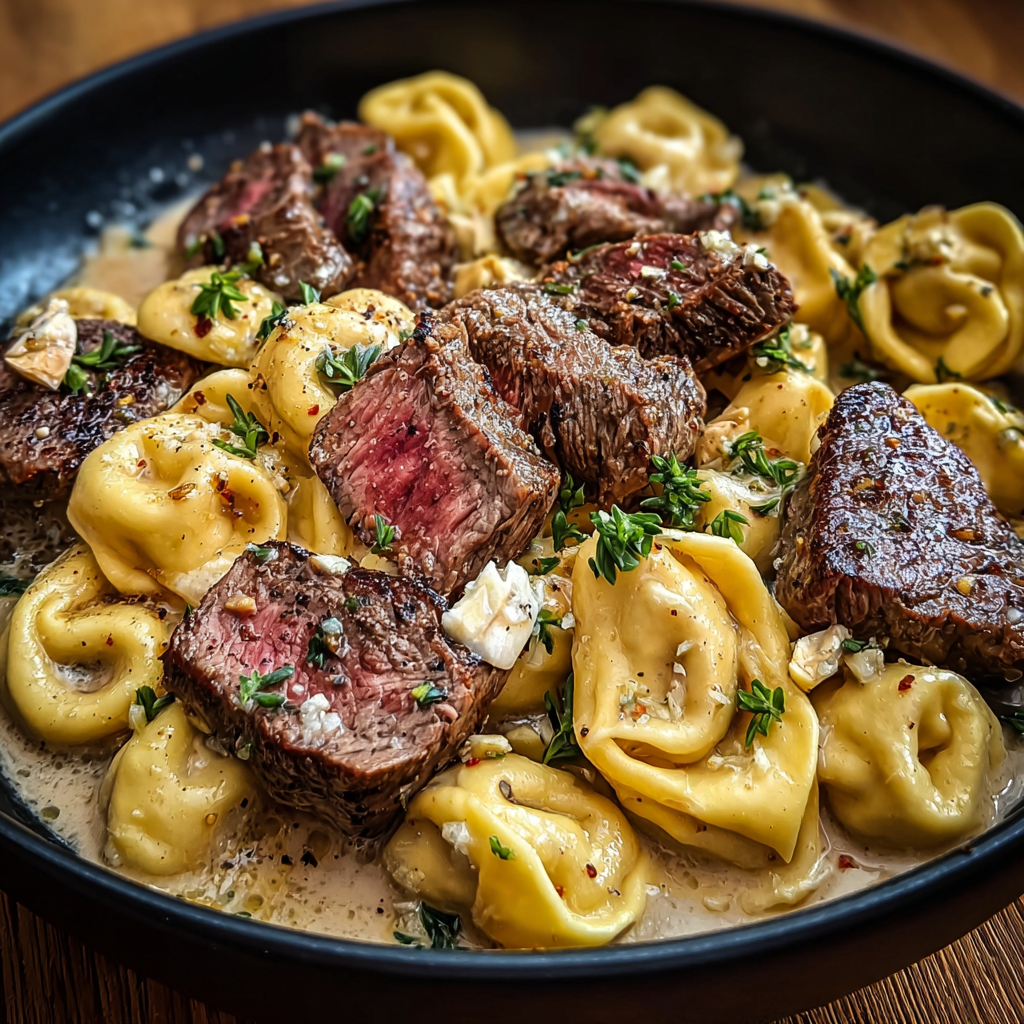 Tortellini and sliced steak in garlic cream sauce