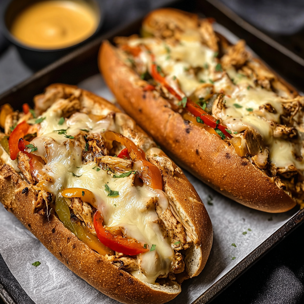sizzling chicken and peppers in skillet