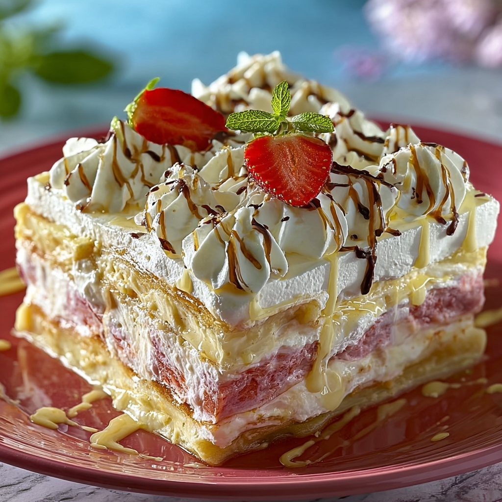 Slice of no bake strawberry jelly lasagna on a plate