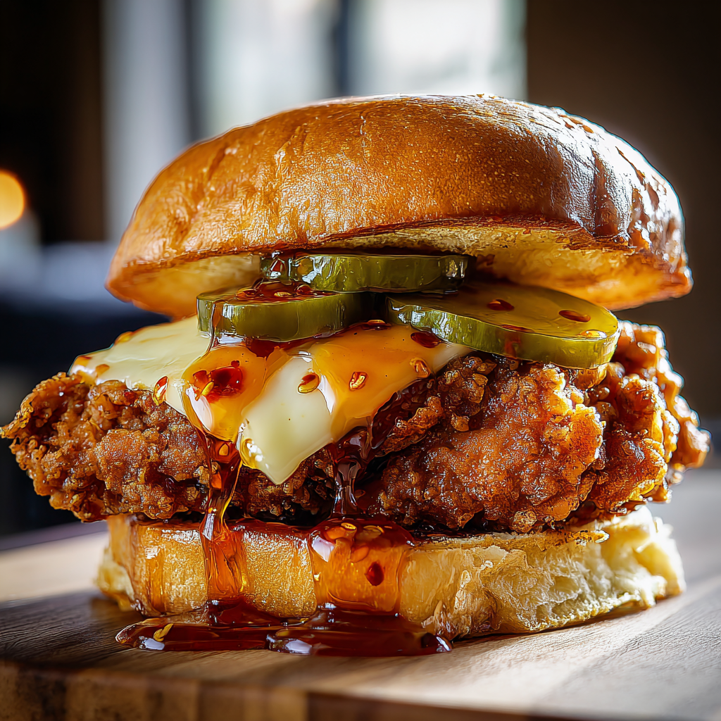 Fried chicken on toasted bun with honey drizzle