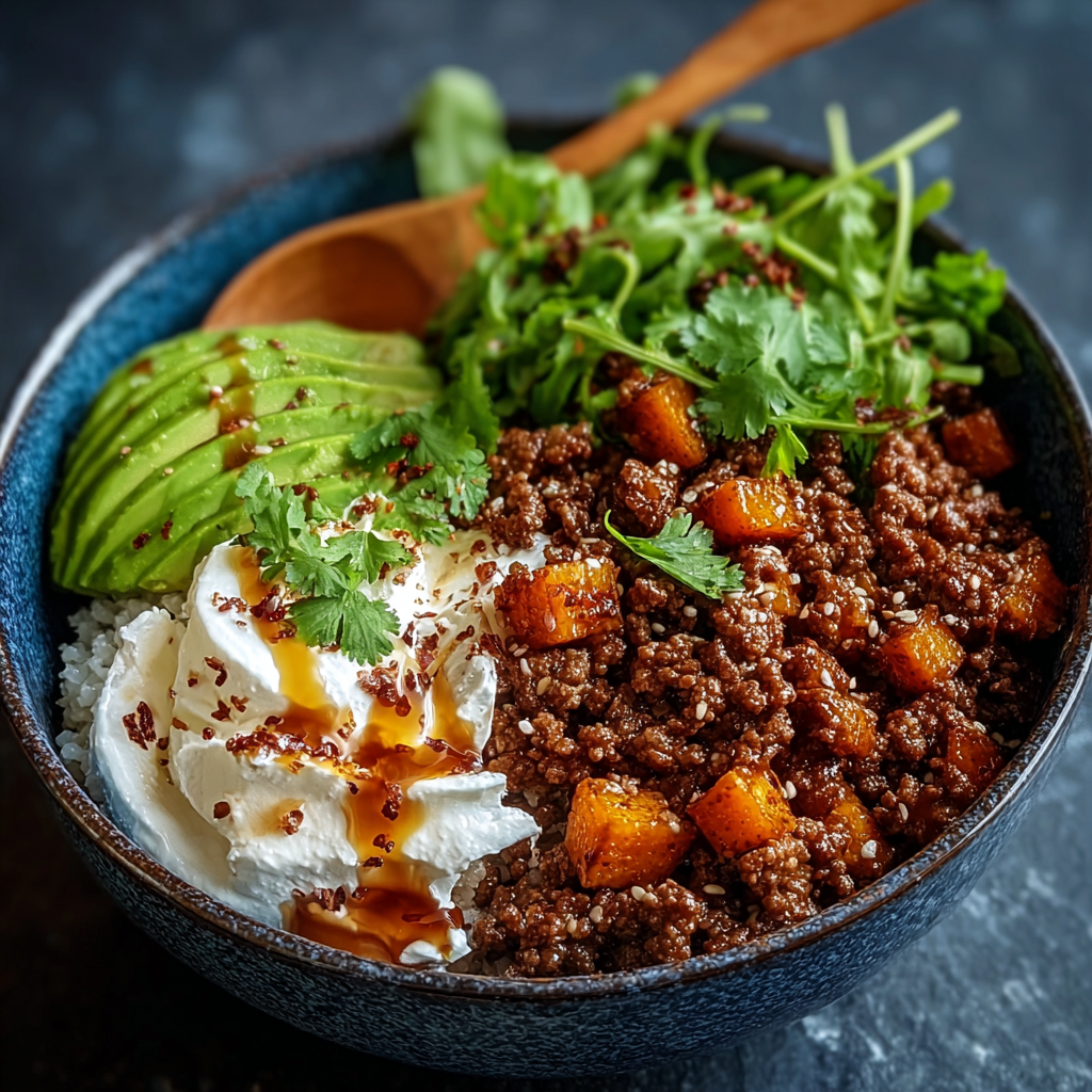 Ground Beef Hot Honey Bowl with sweet potatoes and avocado