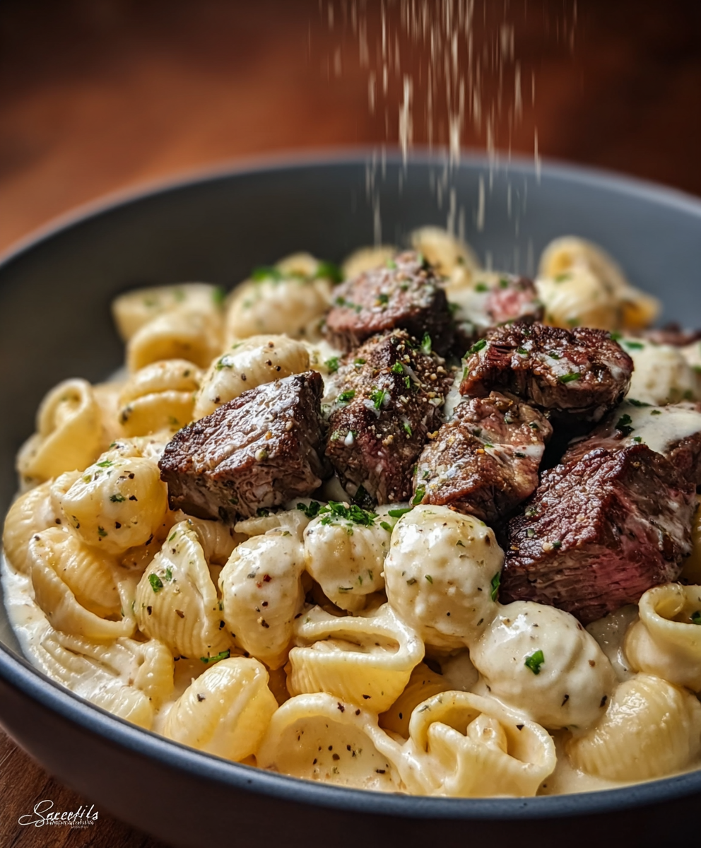 Steak Bites and Shell Pasta in Garlic Butter Alfredo Sauce