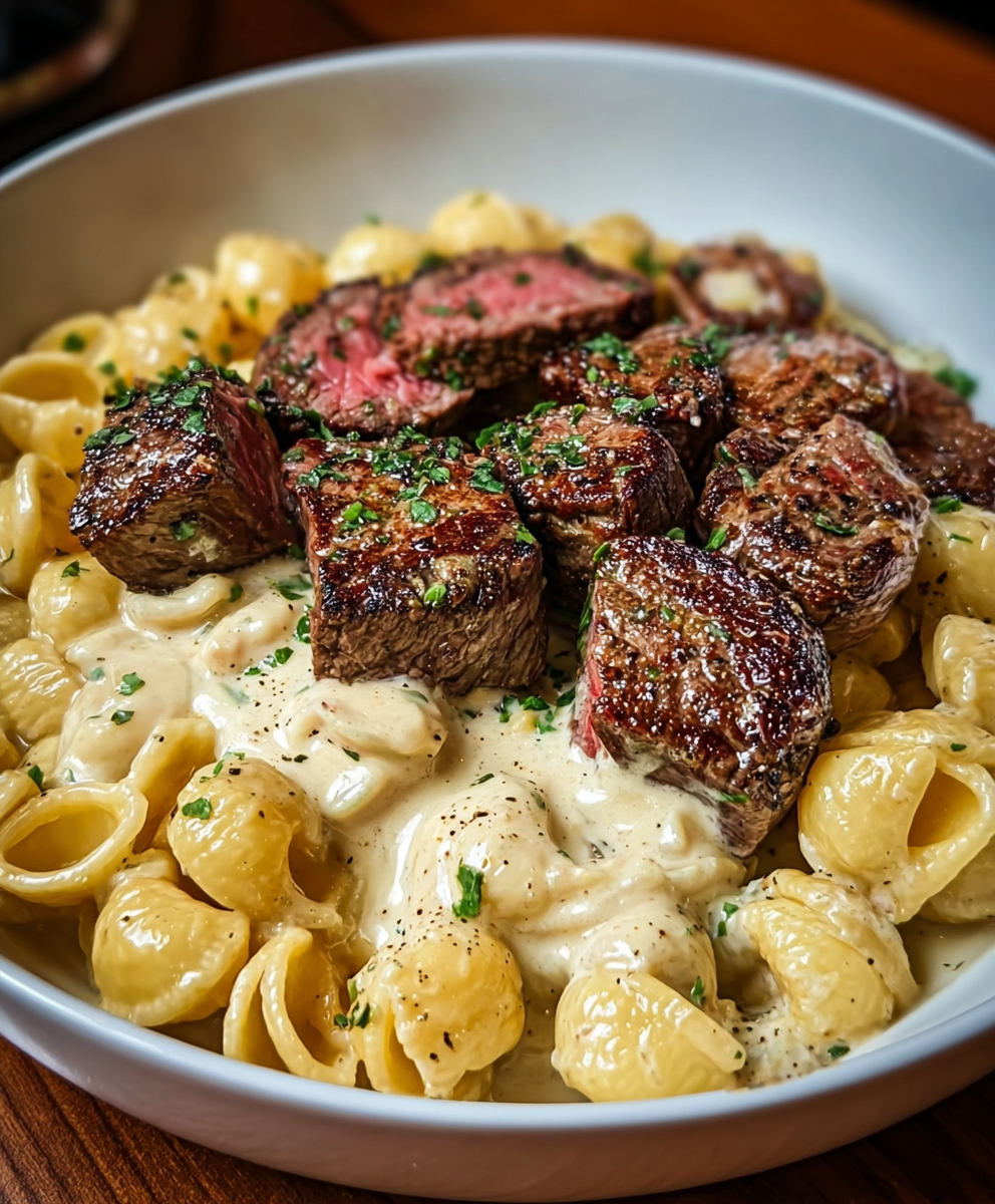 Creamy Alfredo coating shells with steak bites