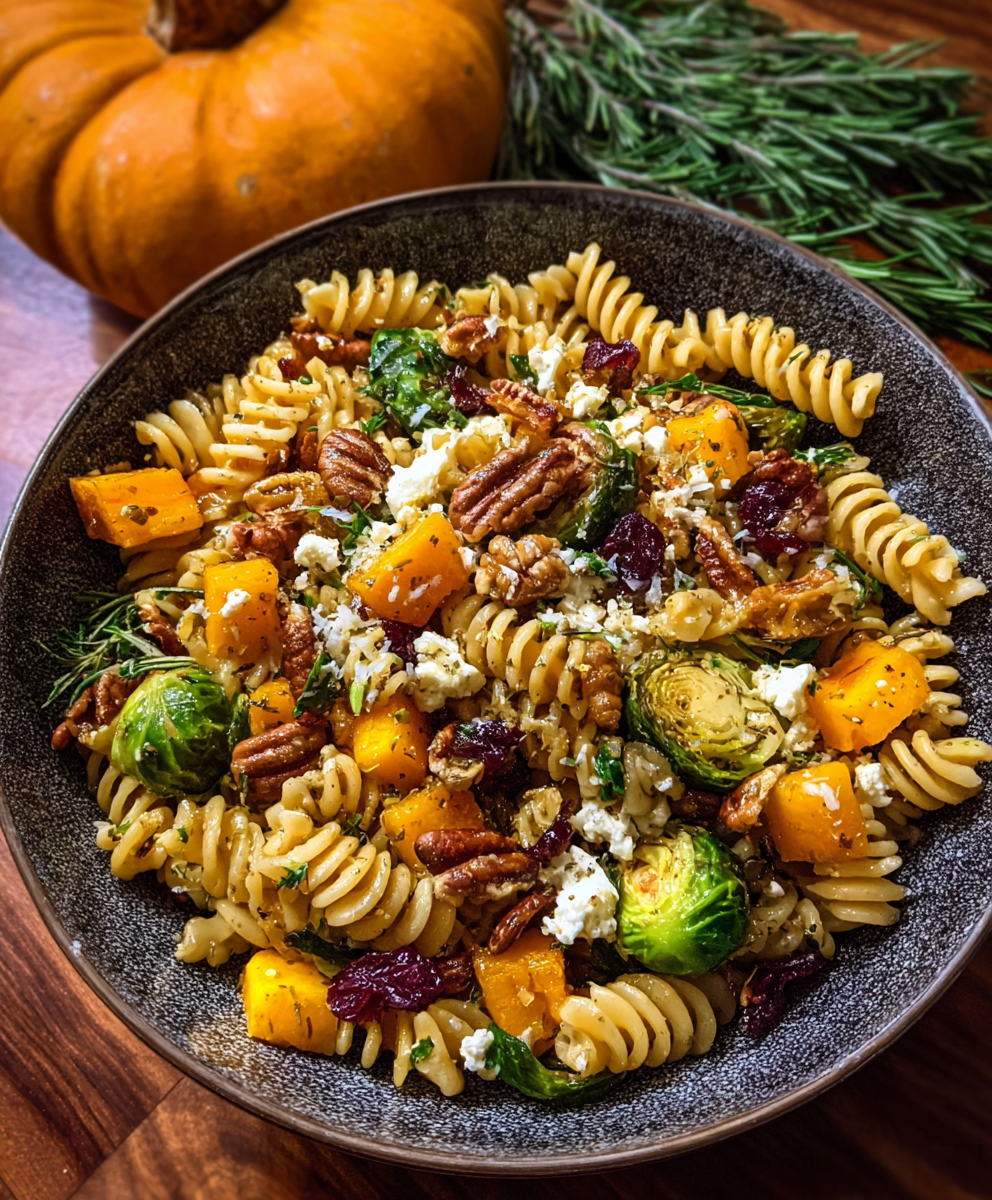 Autumn pasta salad served in a bowl with pecans and feta