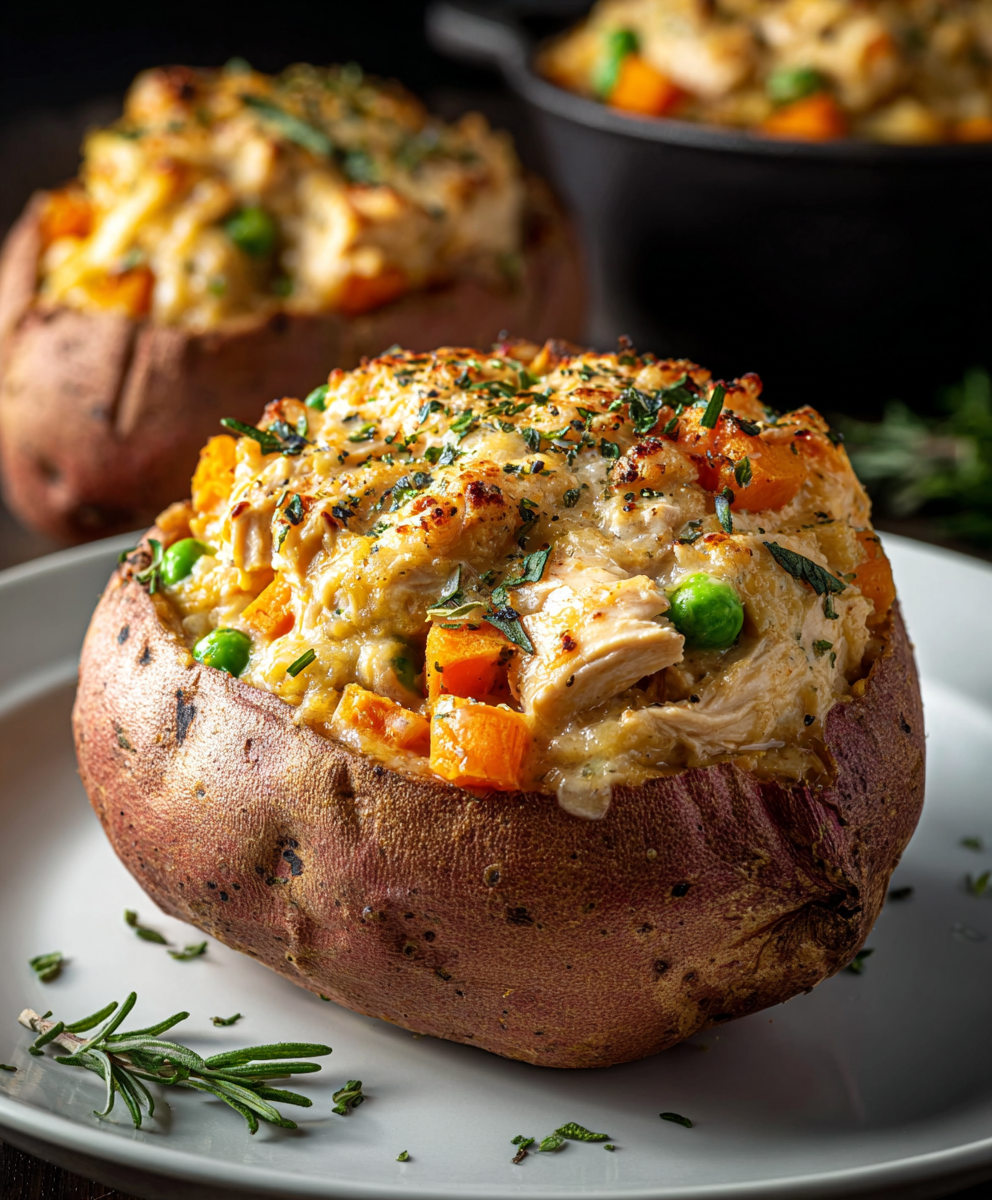 Creamy High-Protein Chicken Pot Pie Stuffed Sweet Potatoes