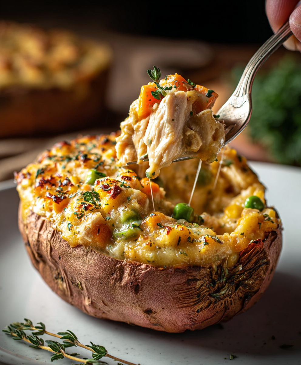 Creamy chicken filling spooned into roasted sweet potato
