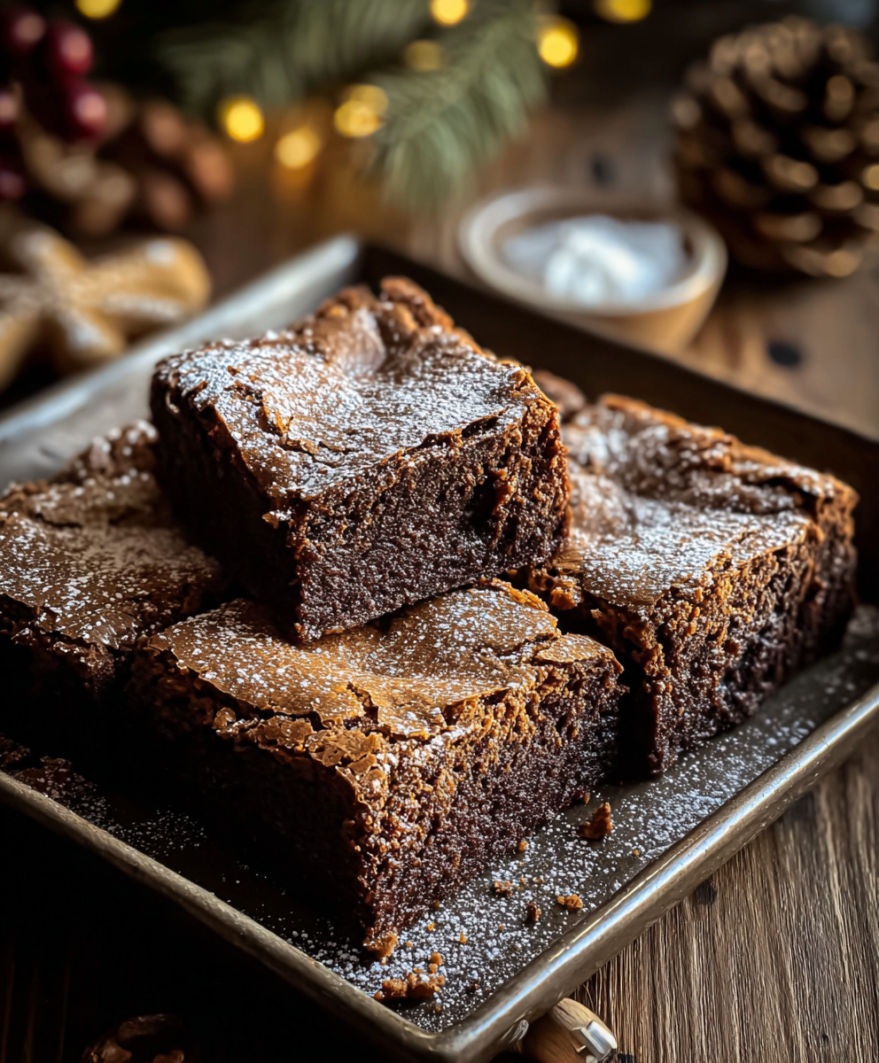 Close-up of spiced gingerbread brownies dusted with sugar