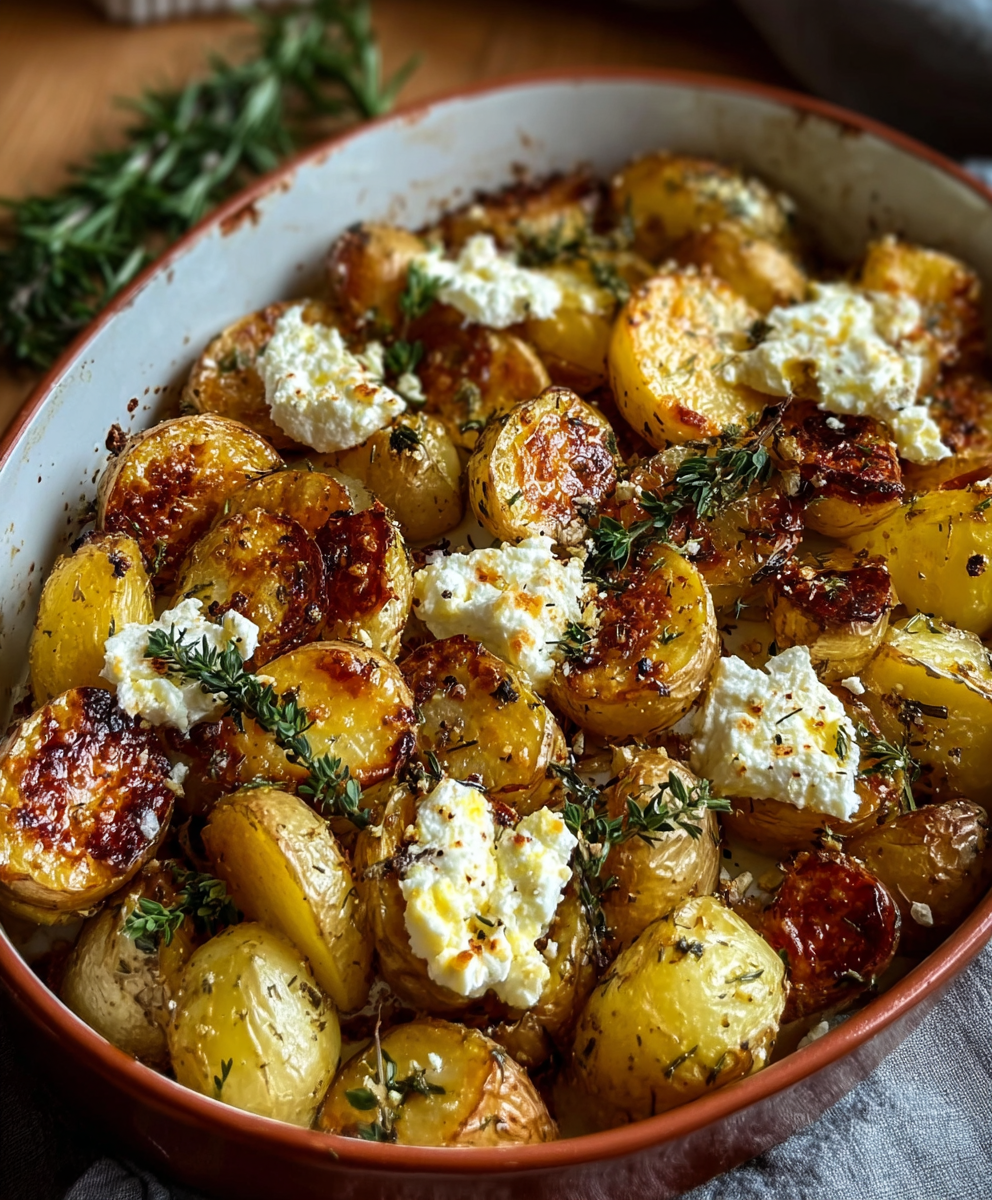 Baked feta nestled among potatoes and cherry tomatoes