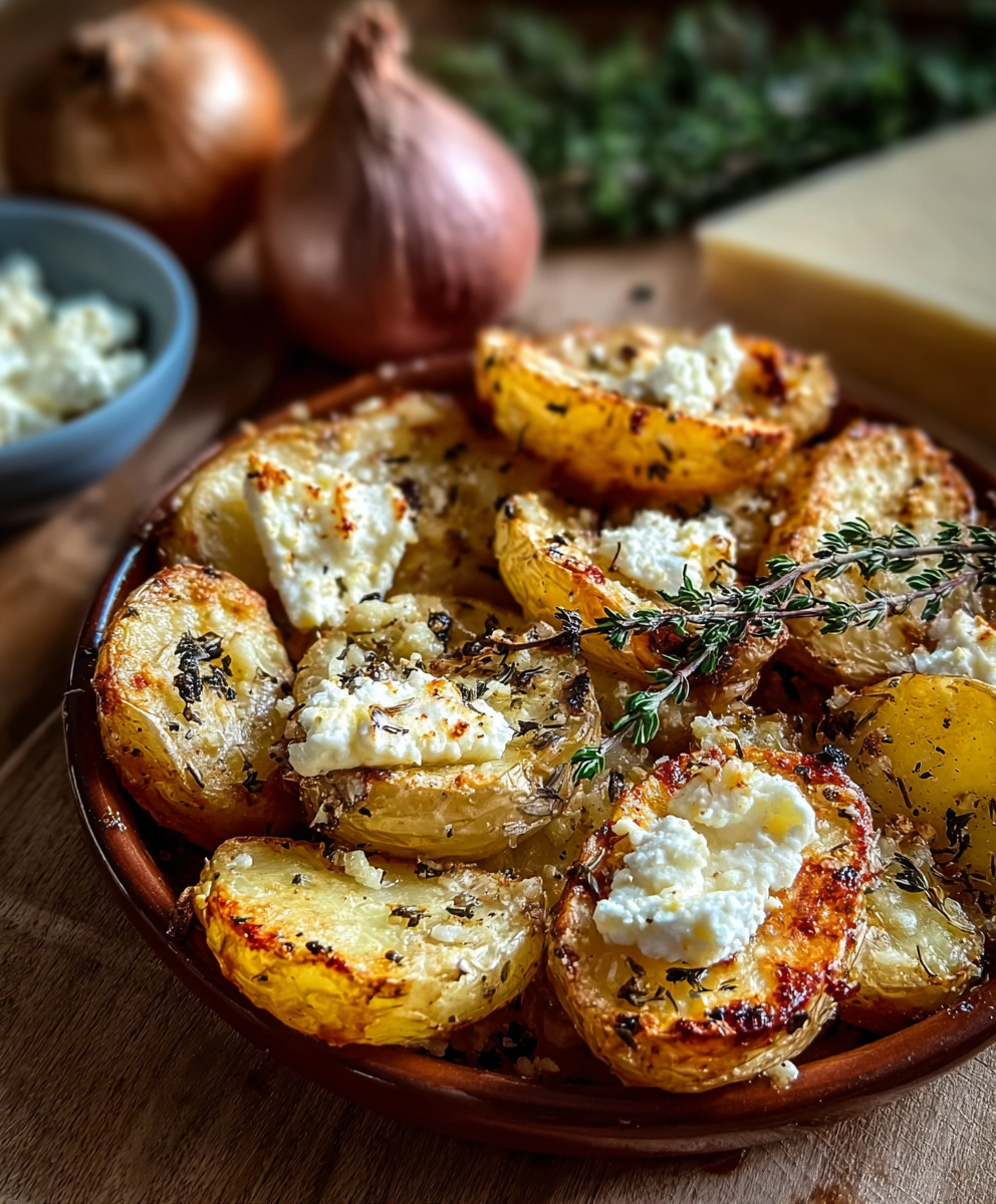 Creamy baked feta being stirred into roasted potatoes