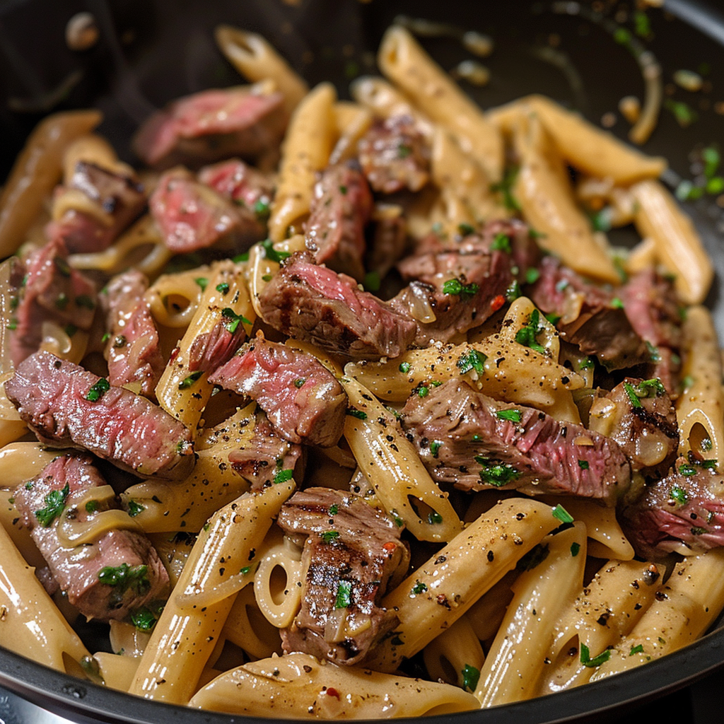 One Skillet Spicy Garlic Butter Parmesan Steak Pasta