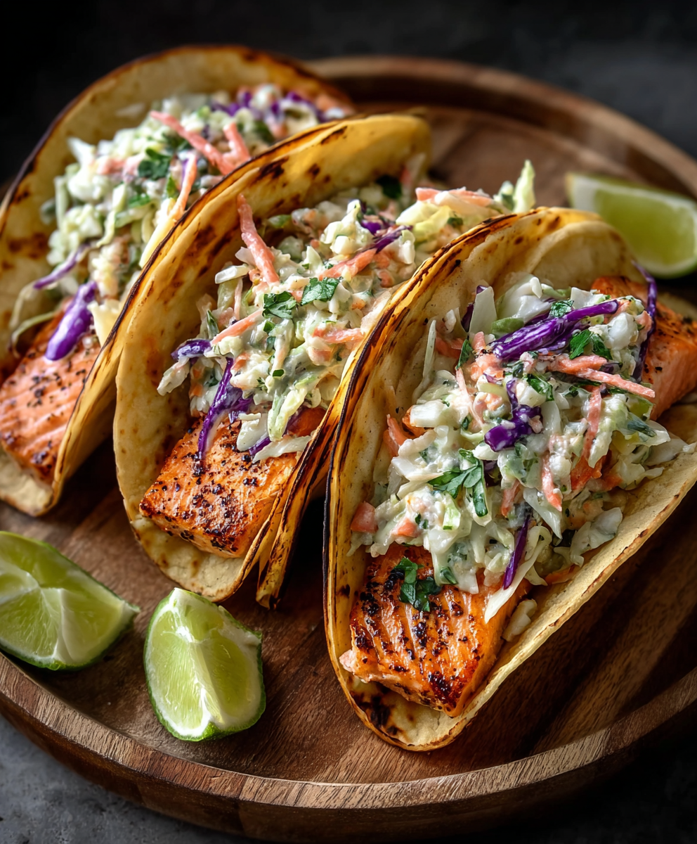 Air Fryer Salmon Tacos with Creamy Lime Slaw