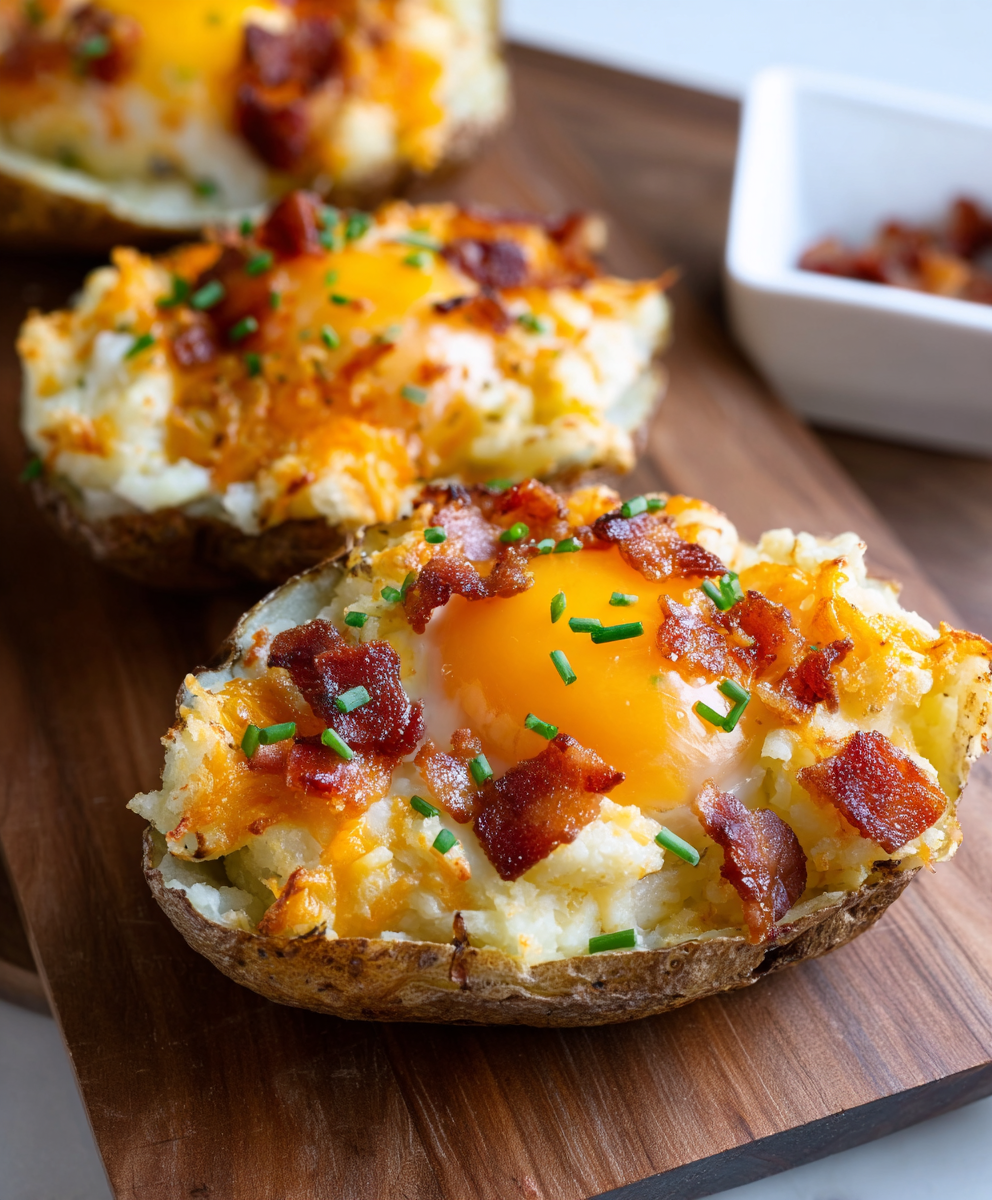 Close-up of a potato half with melted cheese and a baked egg