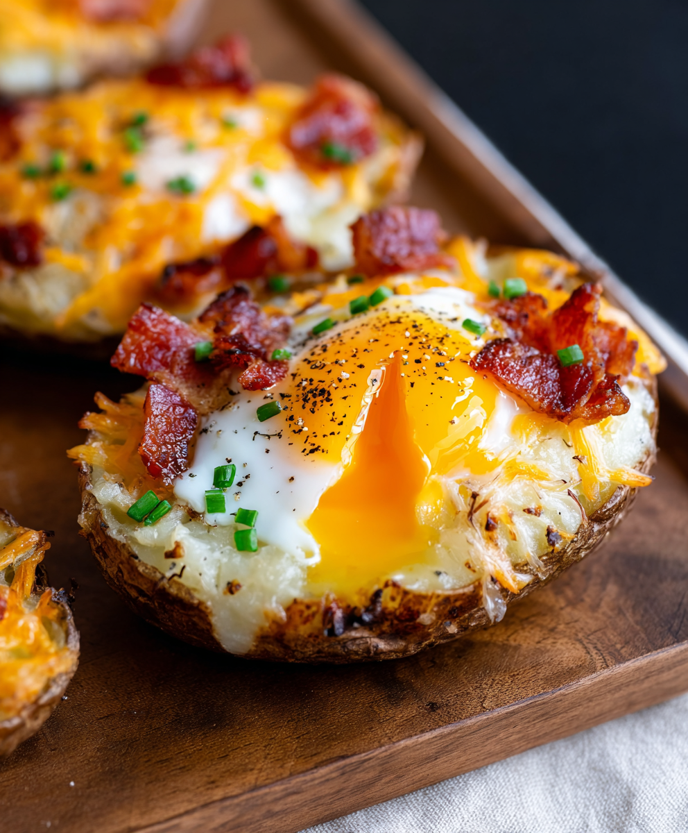 Three twice baked potatoes on a wooden board