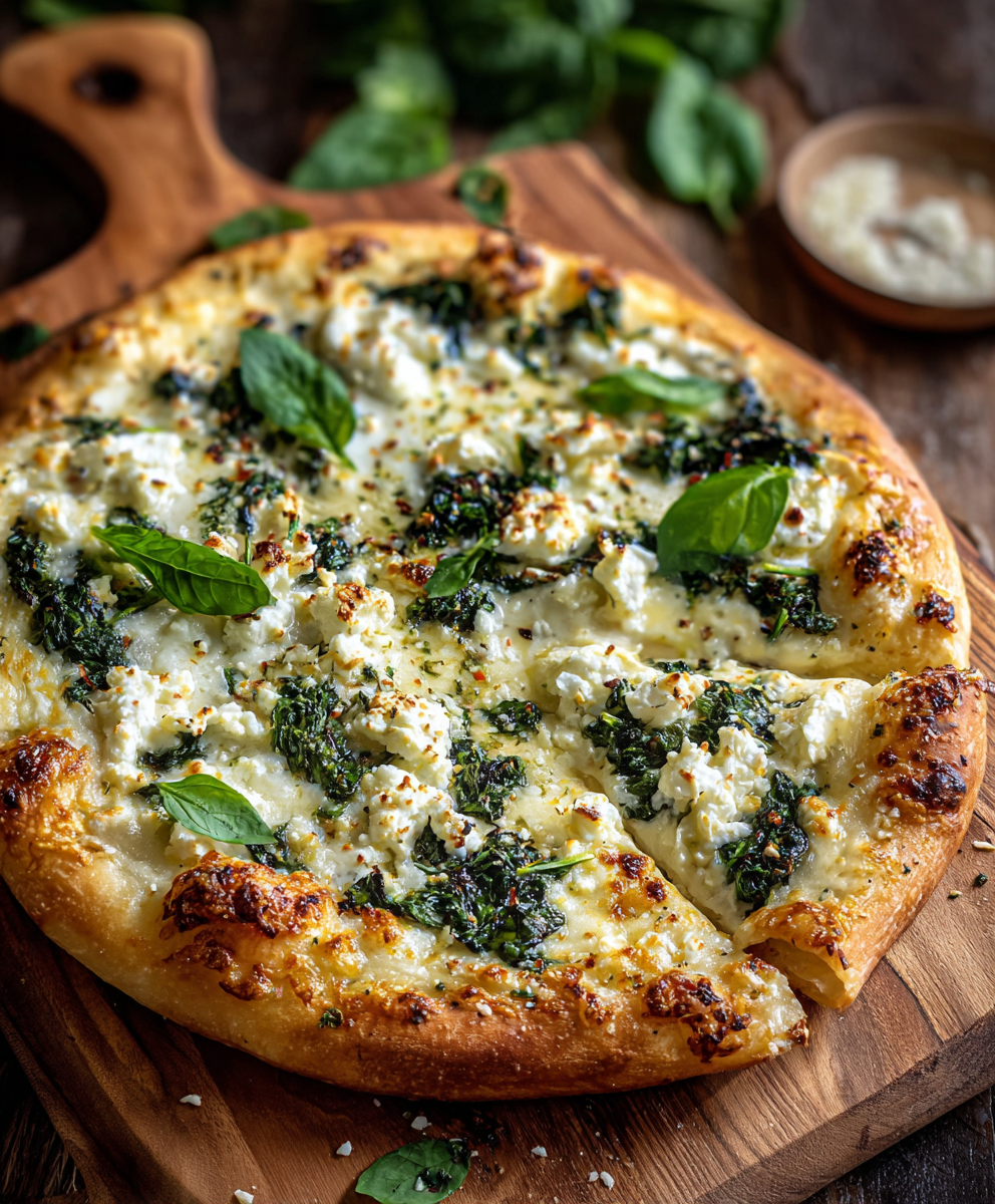 Greek Roasted Garlic Spinach White Pizza