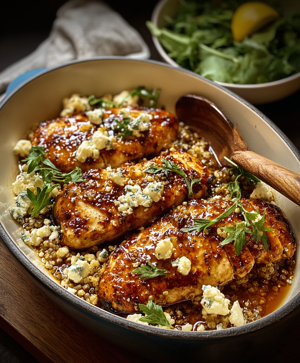 Hot honey glaze being poured over seared chicken