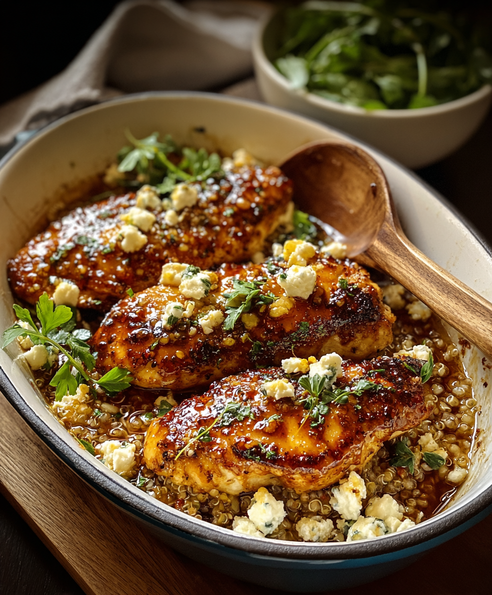 Close-up of feta crumbles and herbs on chicken