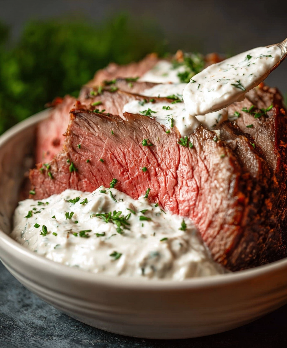 Creamy horseradish sauce in a white bowl
