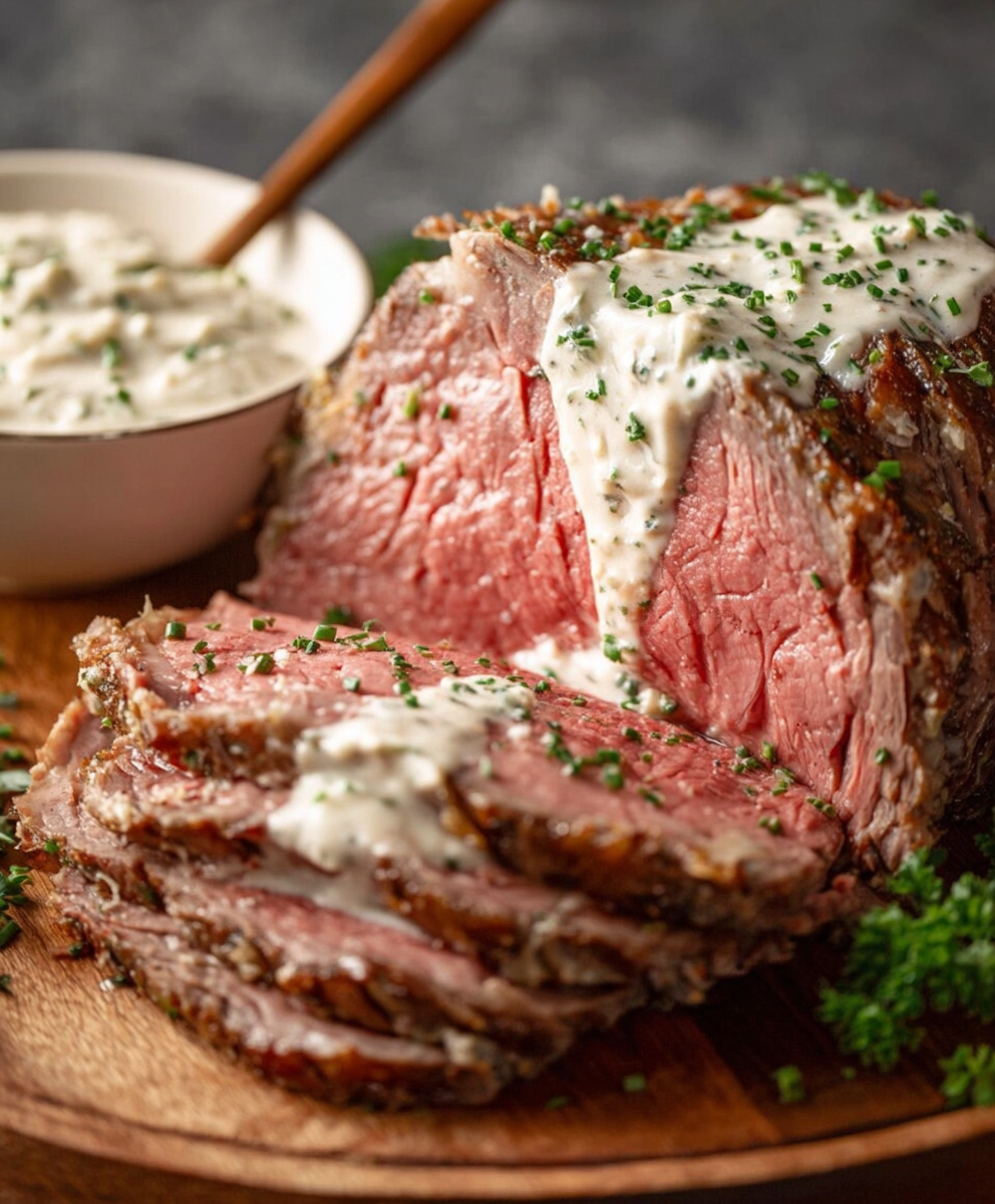 Serving bowl with horseradish sauce garnished with chives