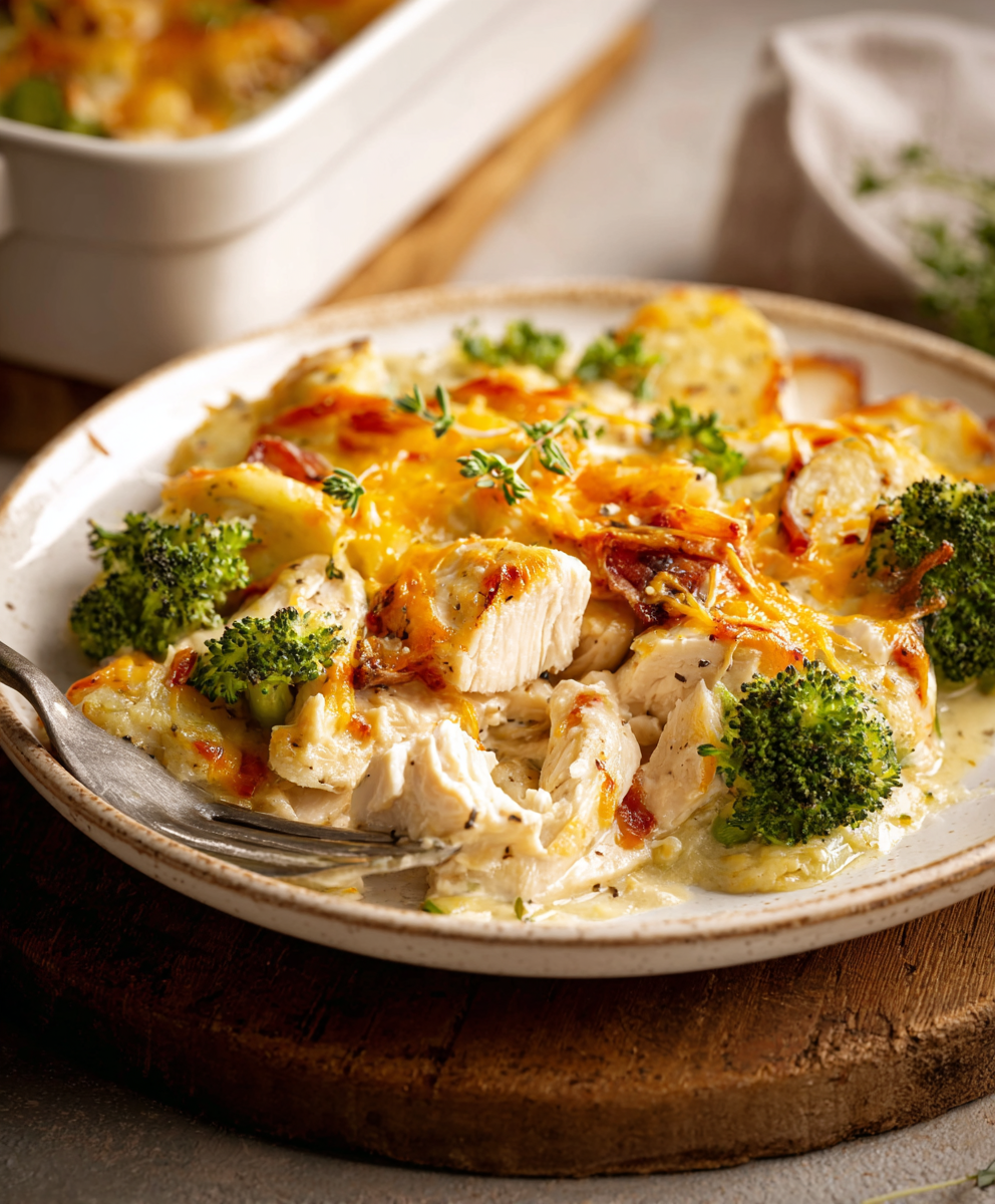 casserole assembly with broccoli and chicken