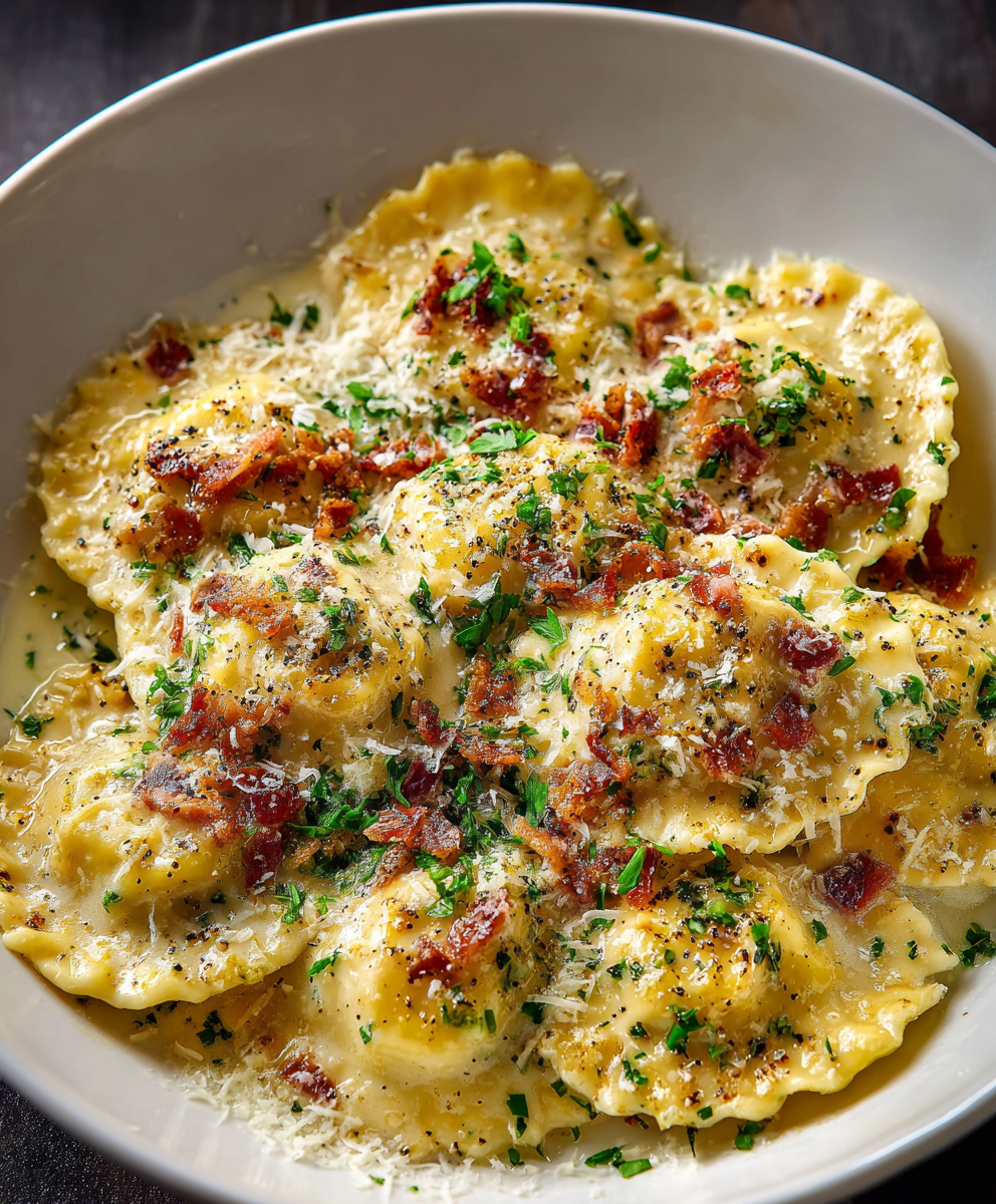 pasta and pancetta in skillet