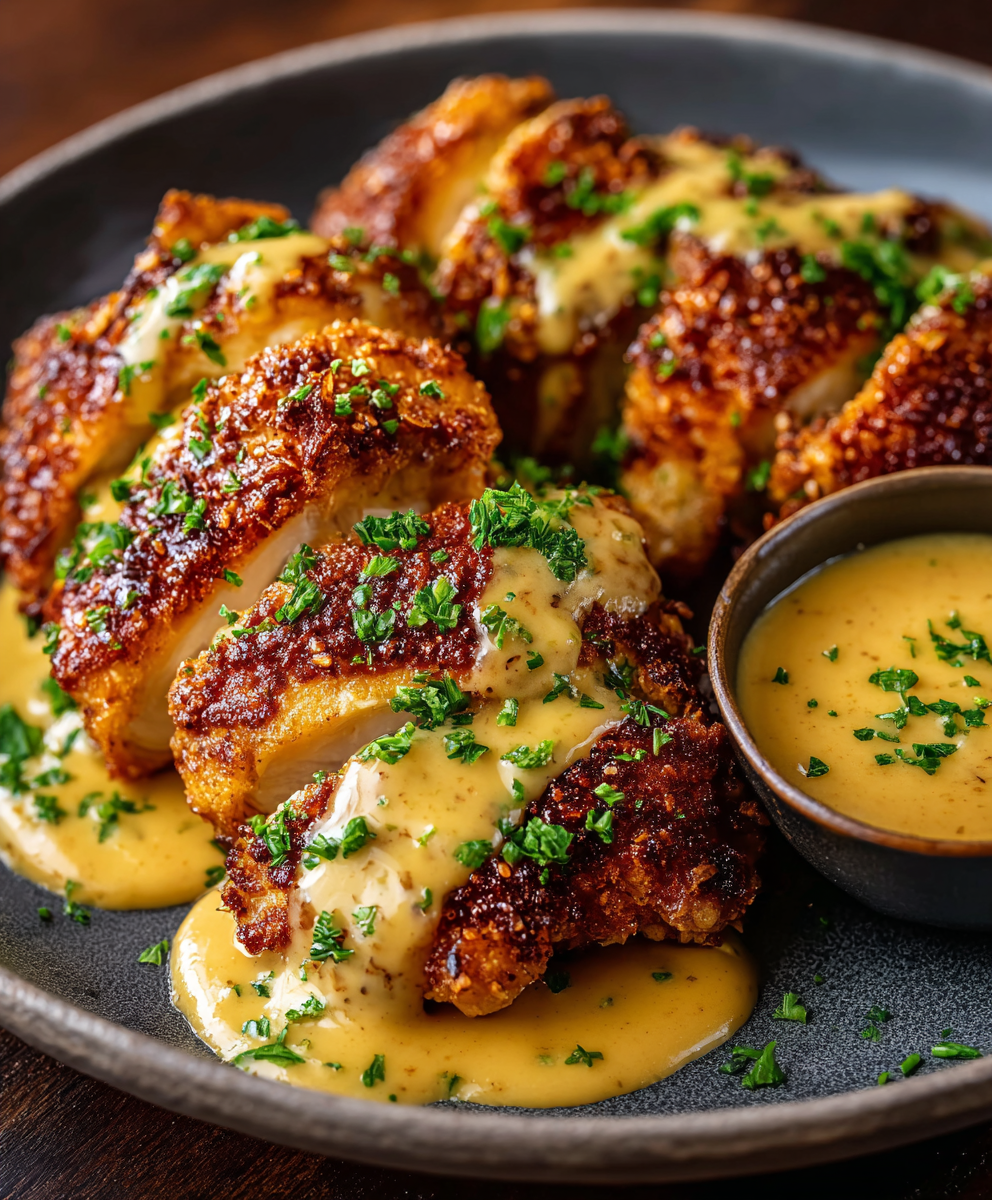 Plated pretzel chicken with sauce