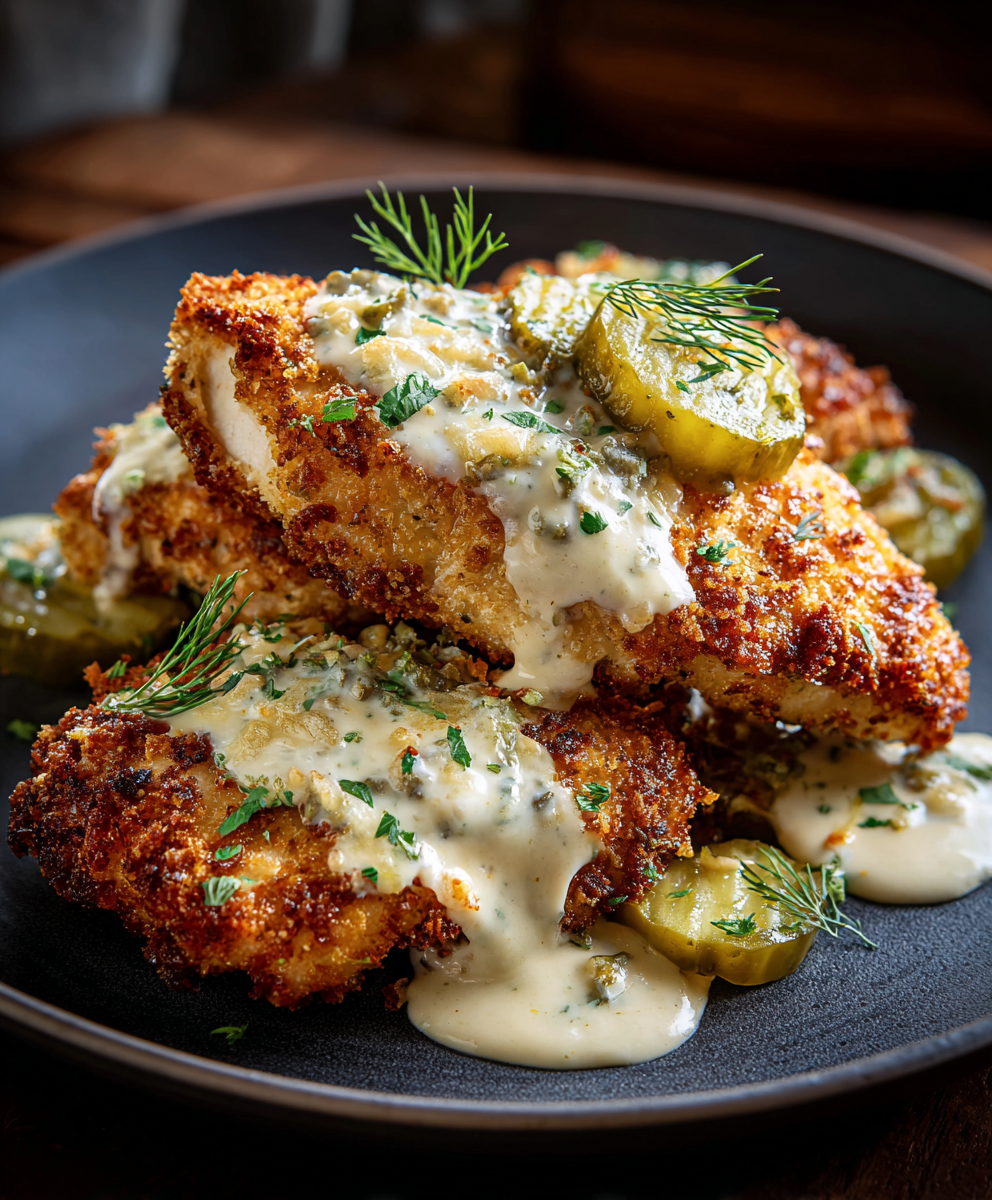 Dill Pickle Parmesan Chicken fresh from the oven with lemon yogurt sauce