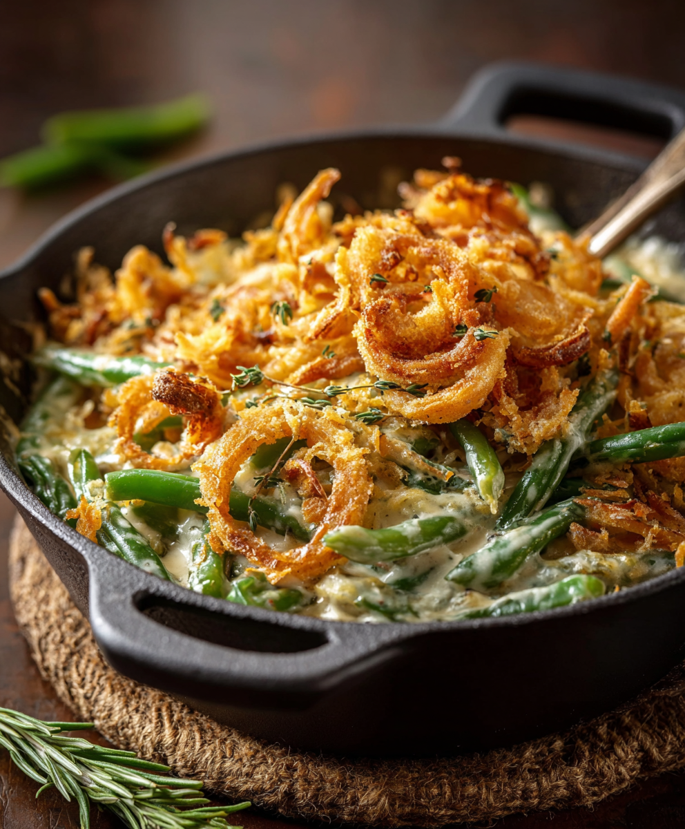 Green bean casserole bubbling in a baking dish
