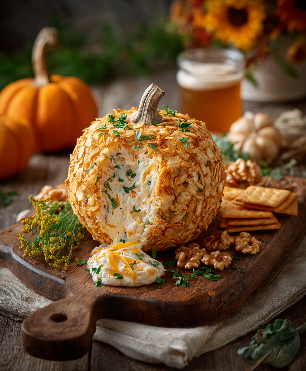 Pumpkin cheese ball on wooden board