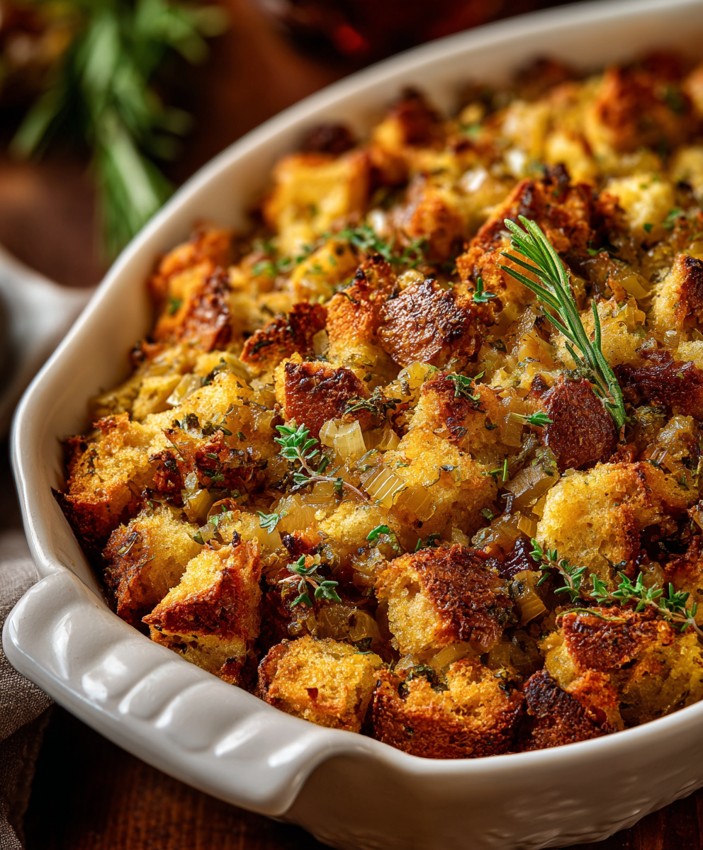 Close-up of golden stuffing topping