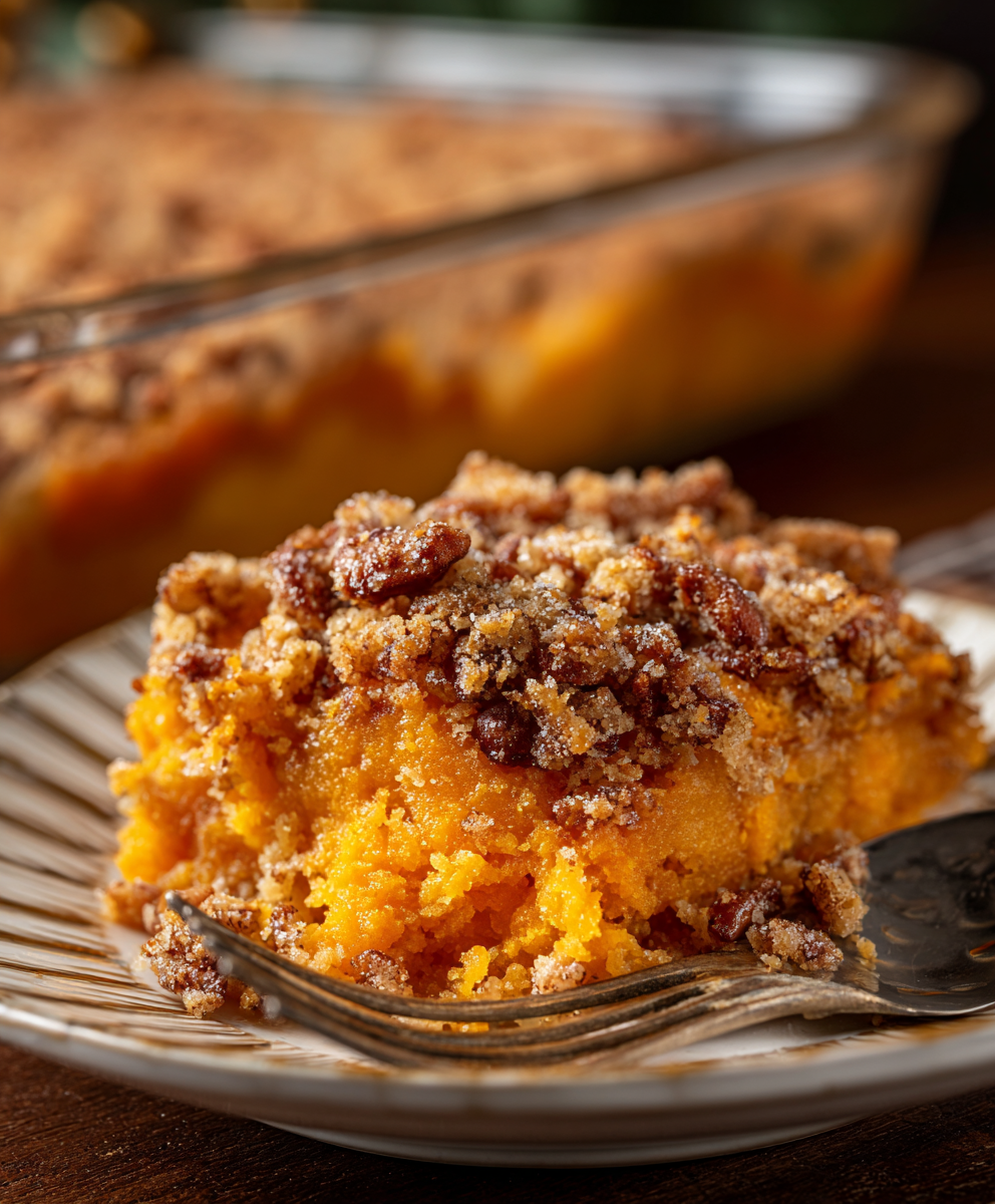 Spoonful of sweet potato casserole showing texture