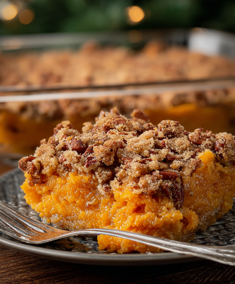 Casserole plated with pecan topping