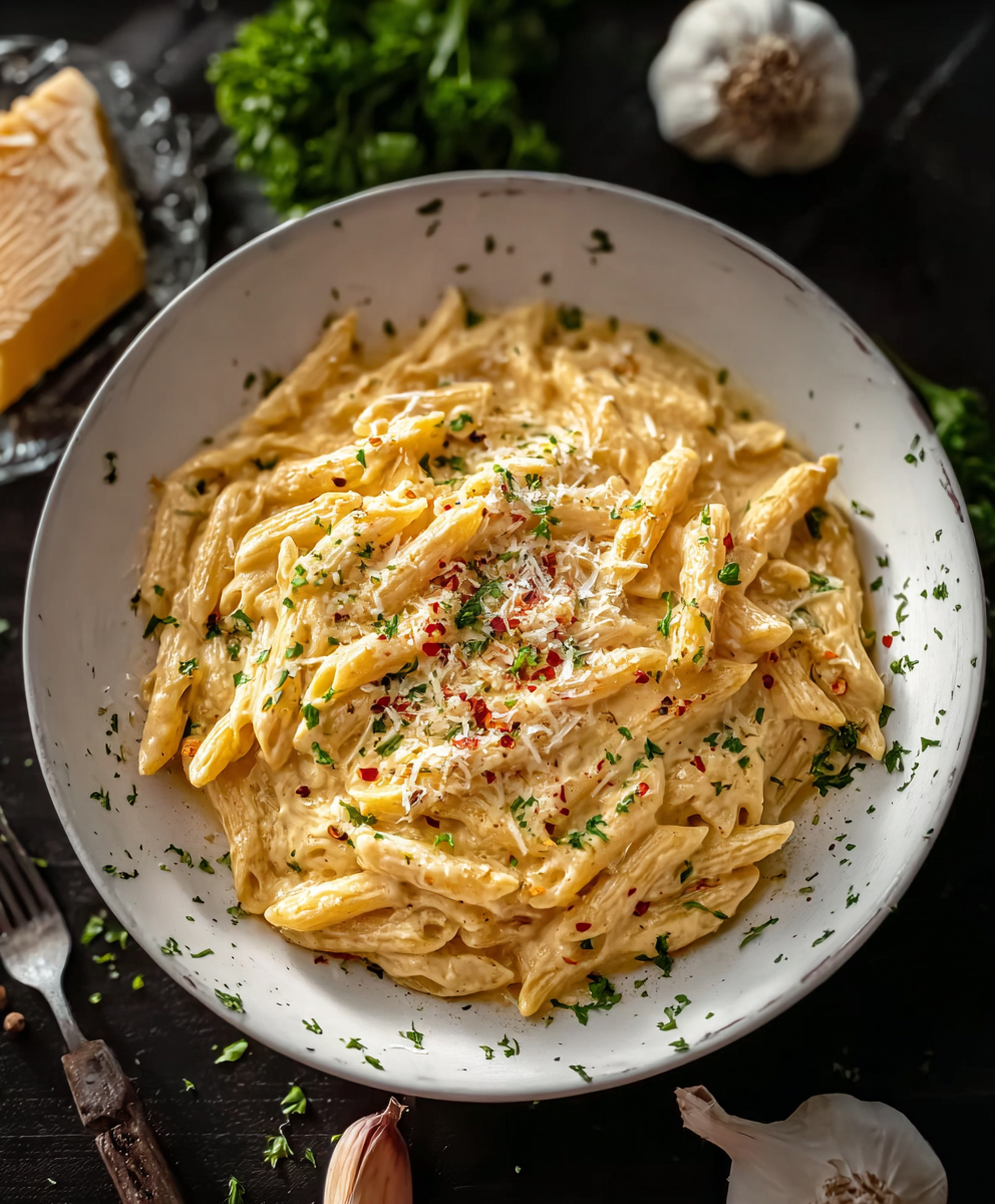 Close up of creamy pasta being stirred