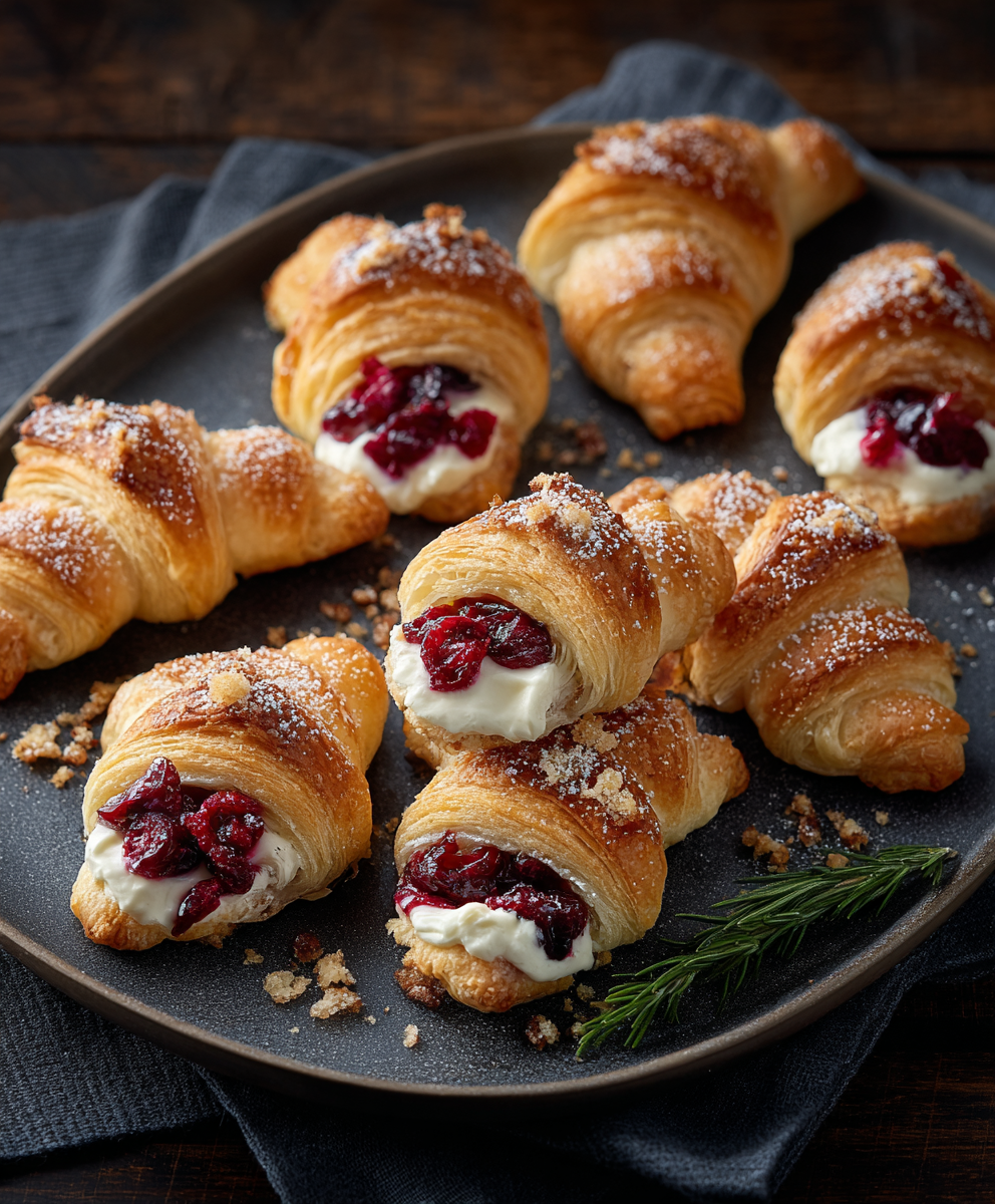Close-up of a crescent bite topped with cranberry and pecans
