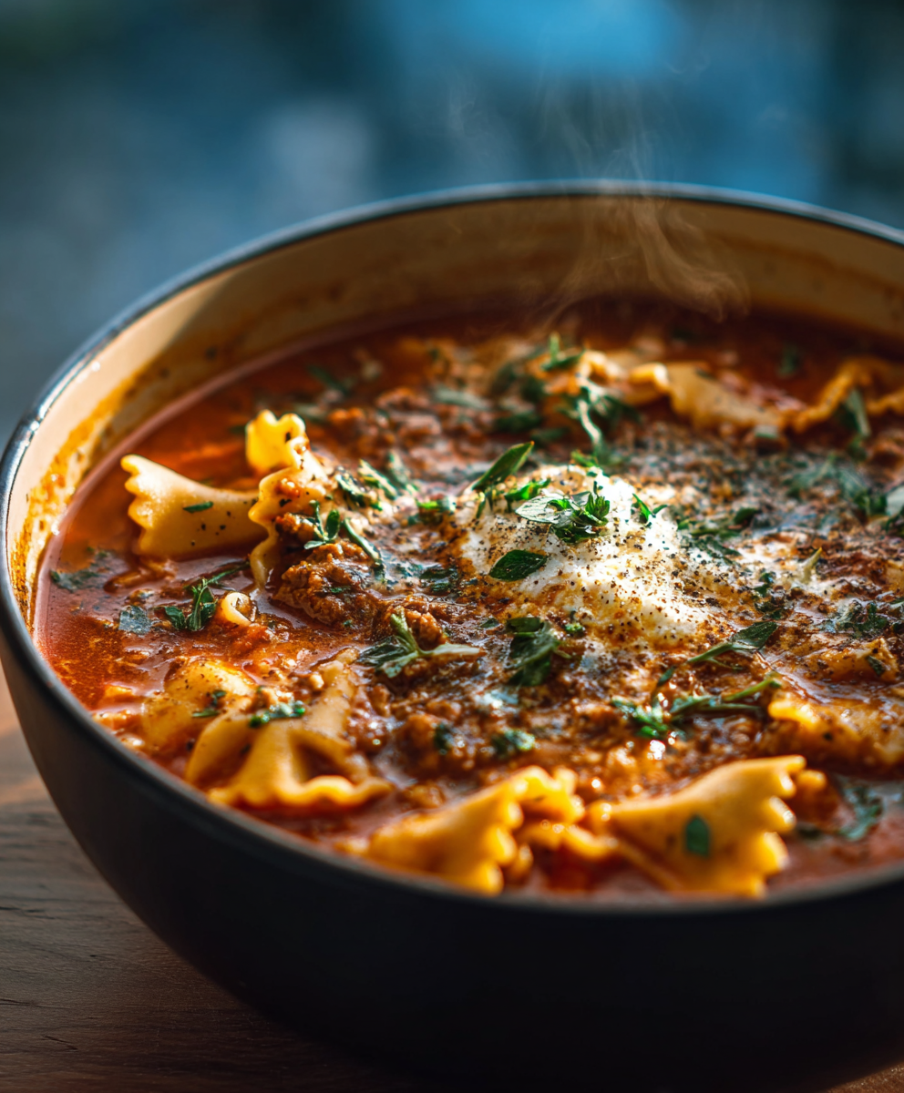 Simmering lasagna soup in a pot