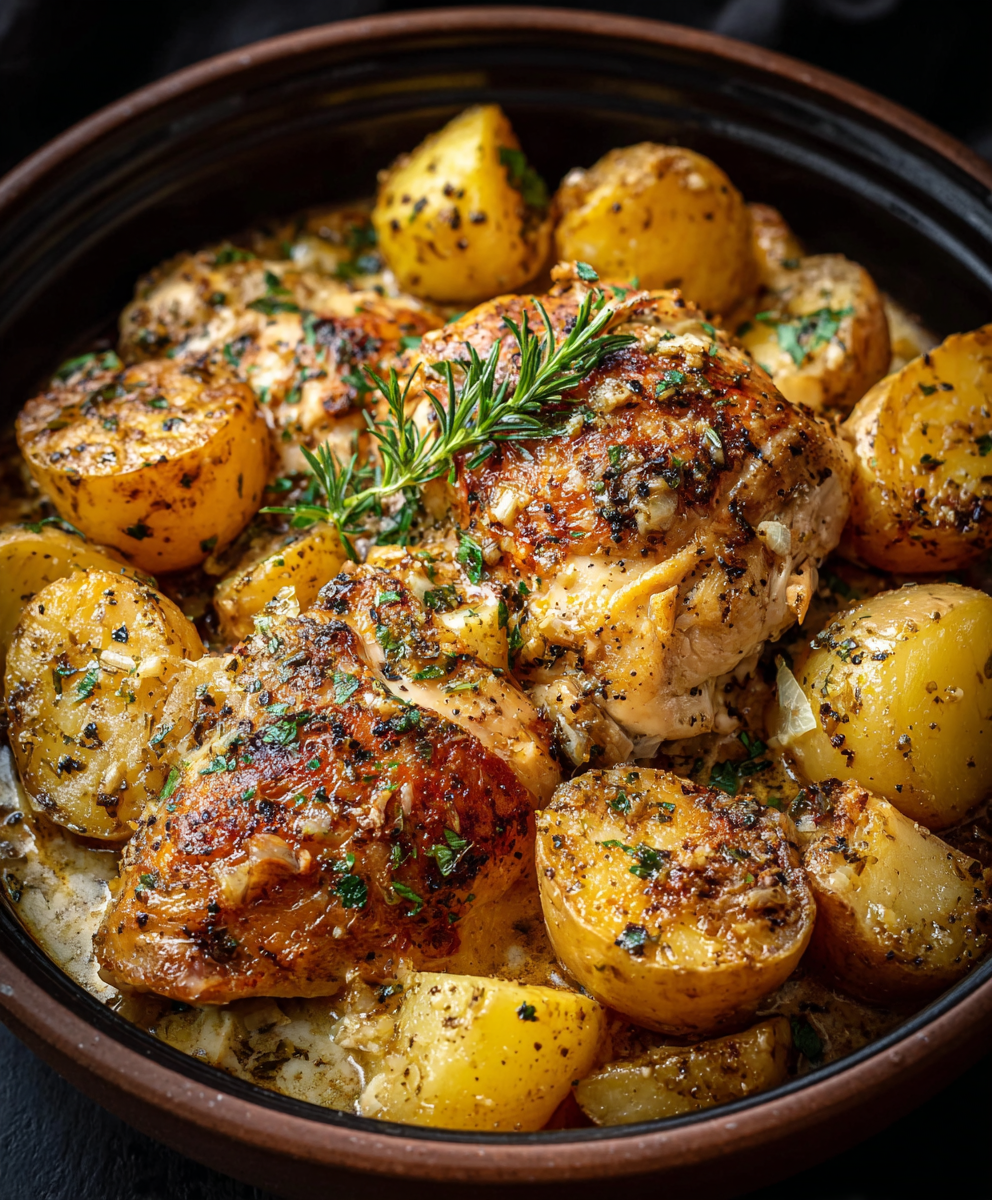 Garlic Parmesan chicken and potatoes in crockpot closeup