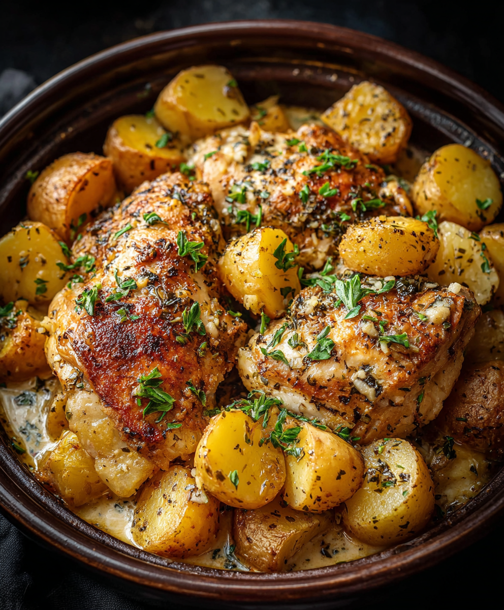 Serving dish with garlic Parmesan chicken and potatoes