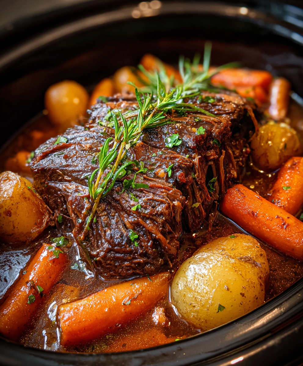 Pot roast with vegetables in a serving dish