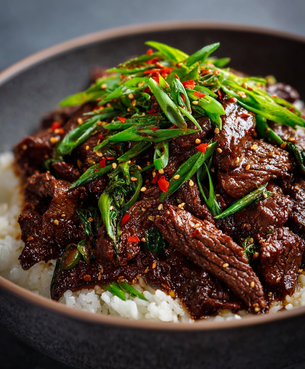 Shredded Korean beef piled over rice with green onions