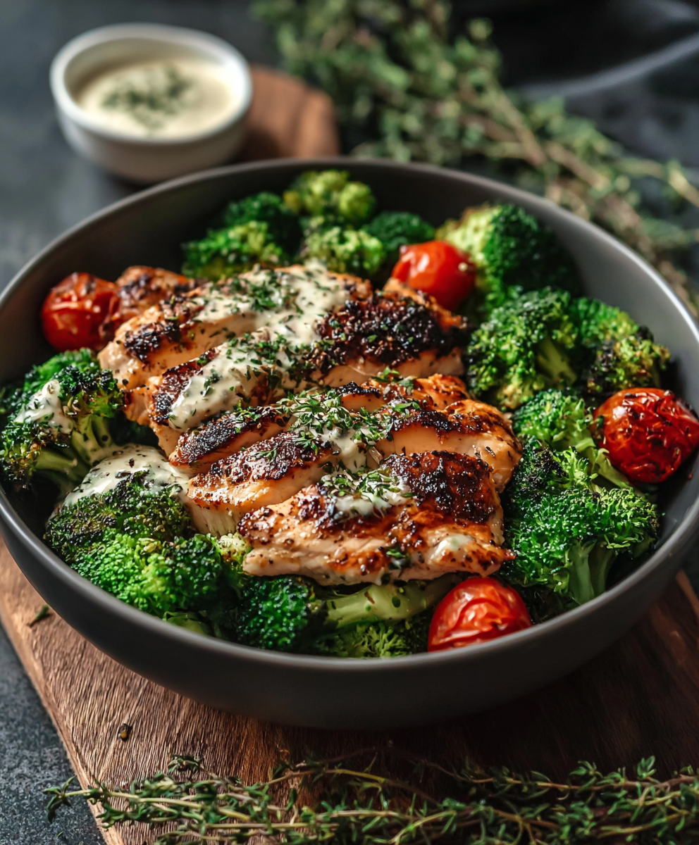 Grilled chicken sliced over rice with roasted broccoli