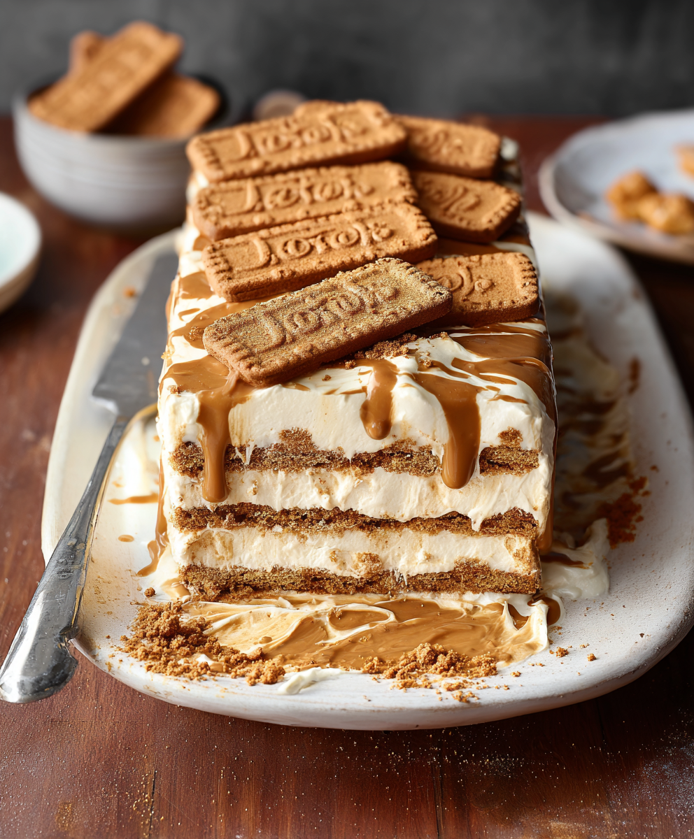 Top view of Biscoff icebox cake loaf with crumbs and whole biscuits