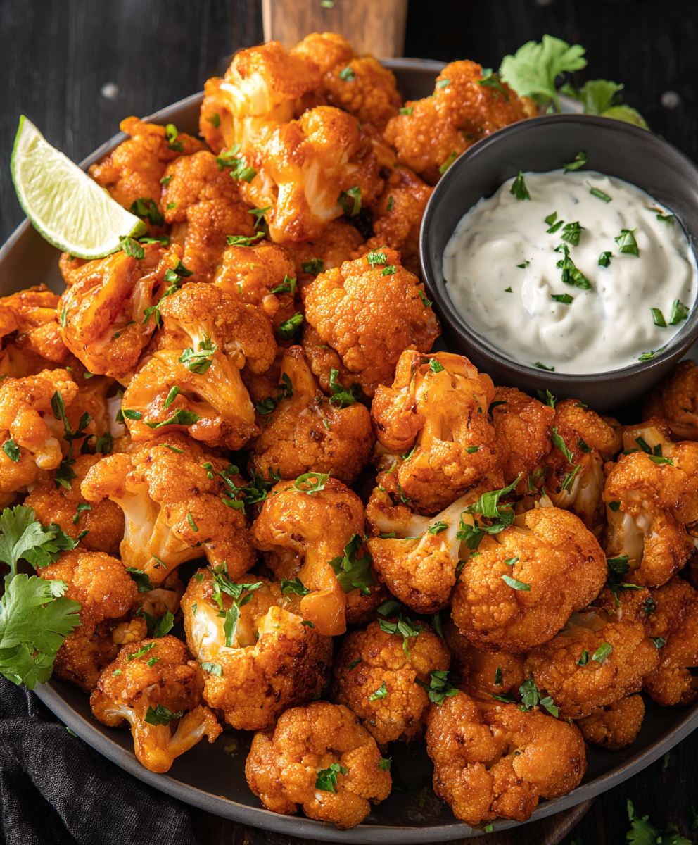 Battered cauliflower tossed in buffalo sauce in a bowl