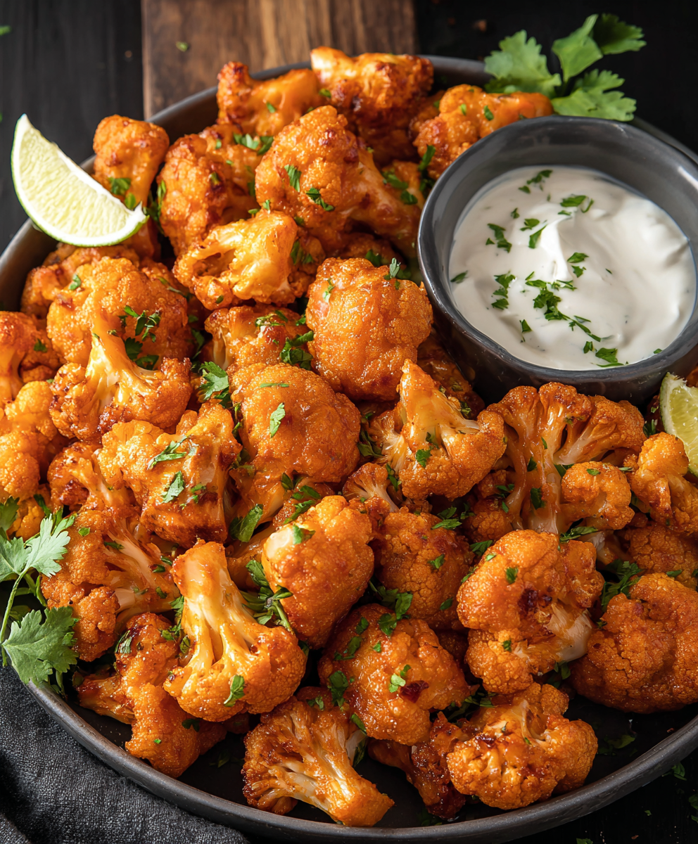 Air fried buffalo cauliflower on a platter with celery
